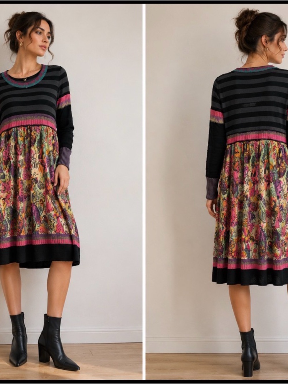 Aldo Martins Black Striped Dress with Pink and Purple Accents